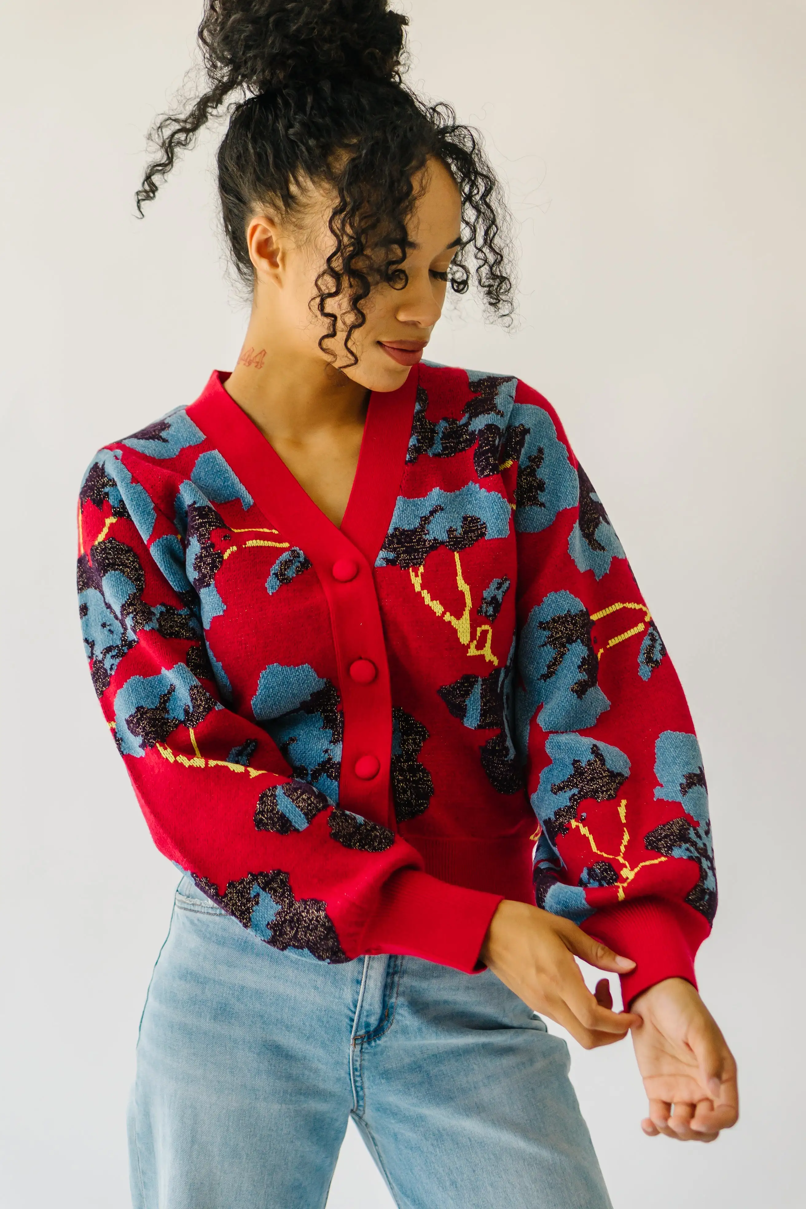 The Kennard Floral Button-Up Sweater in Red