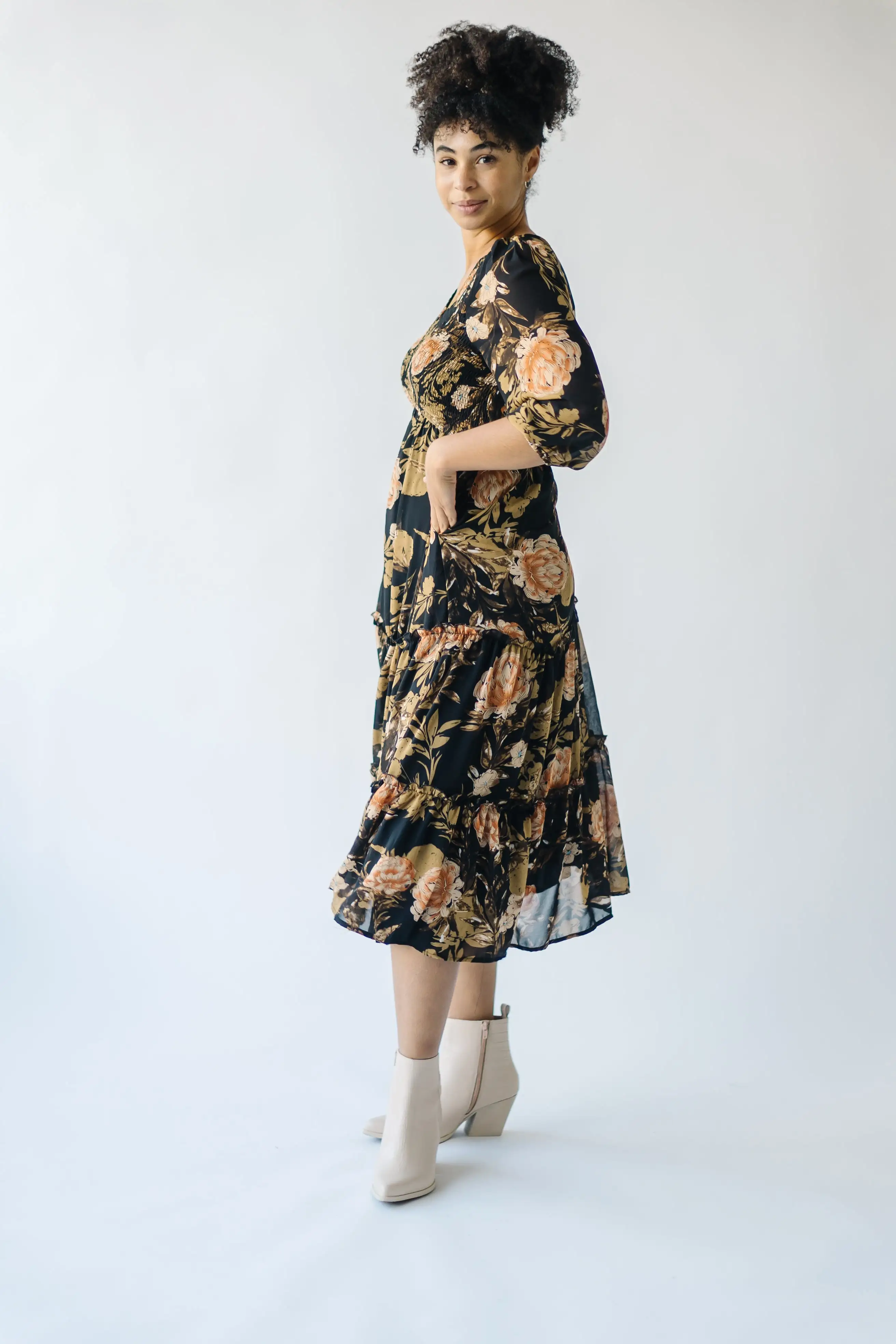 The Kibbie Tiered Midi Dress in Black Floral