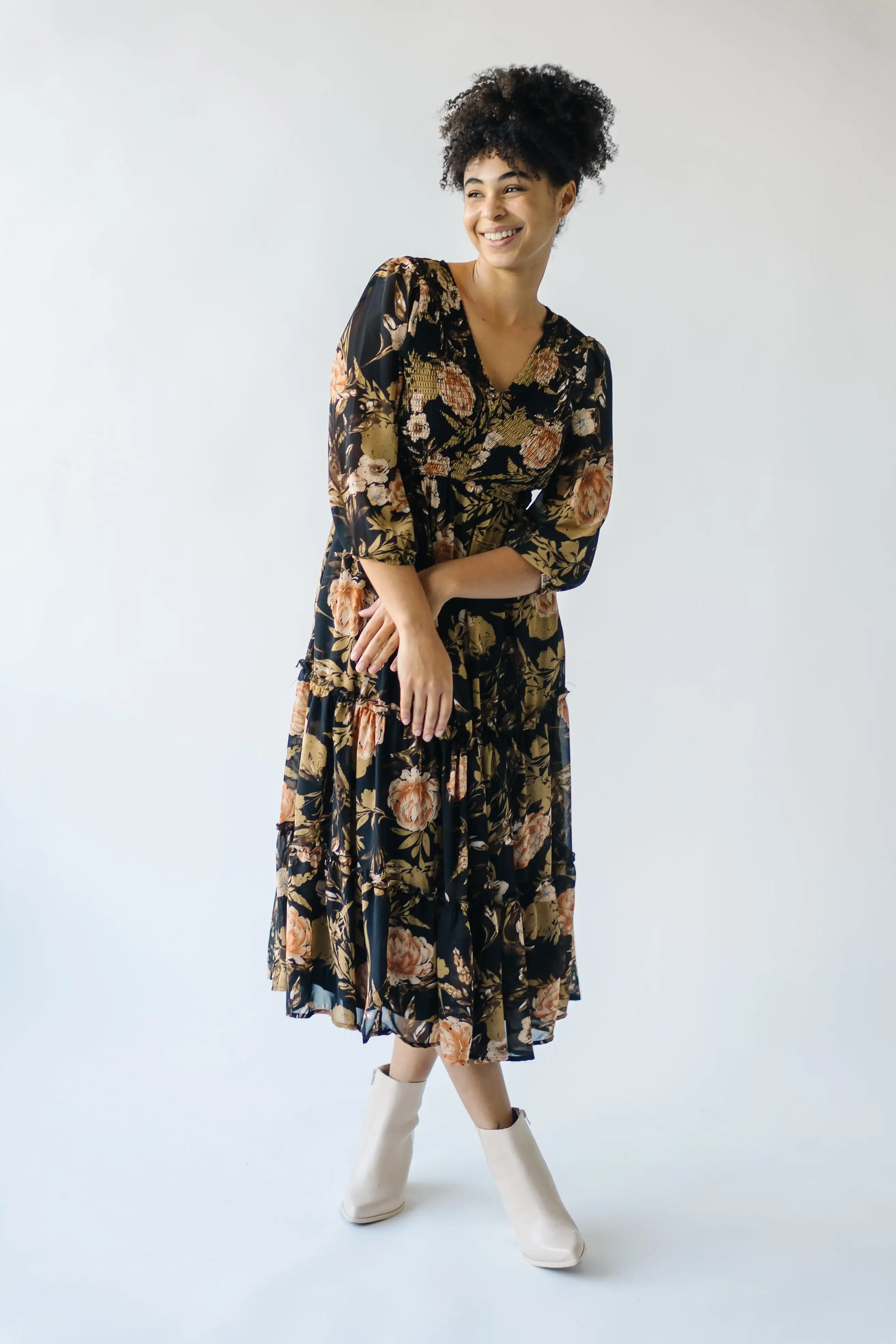 The Kibbie Tiered Midi Dress in Black Floral