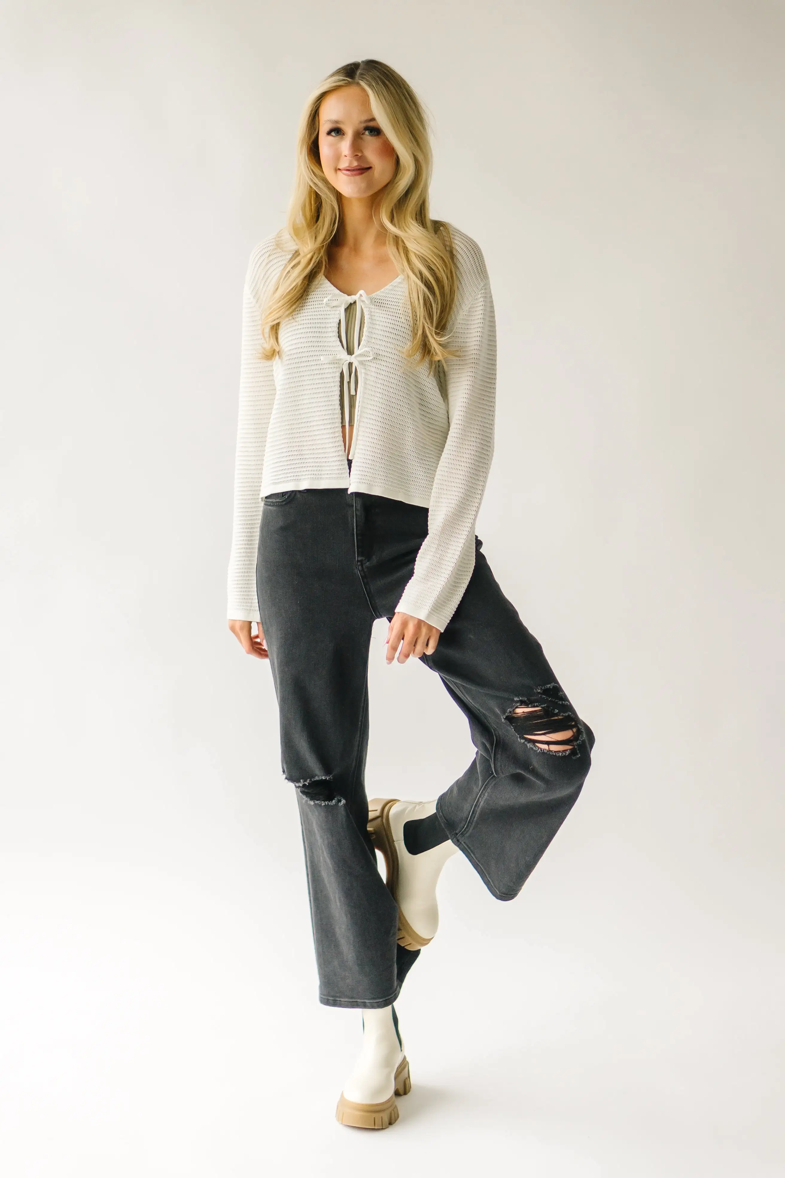 The Lamesa Textured Tie Cardigan in Ivory