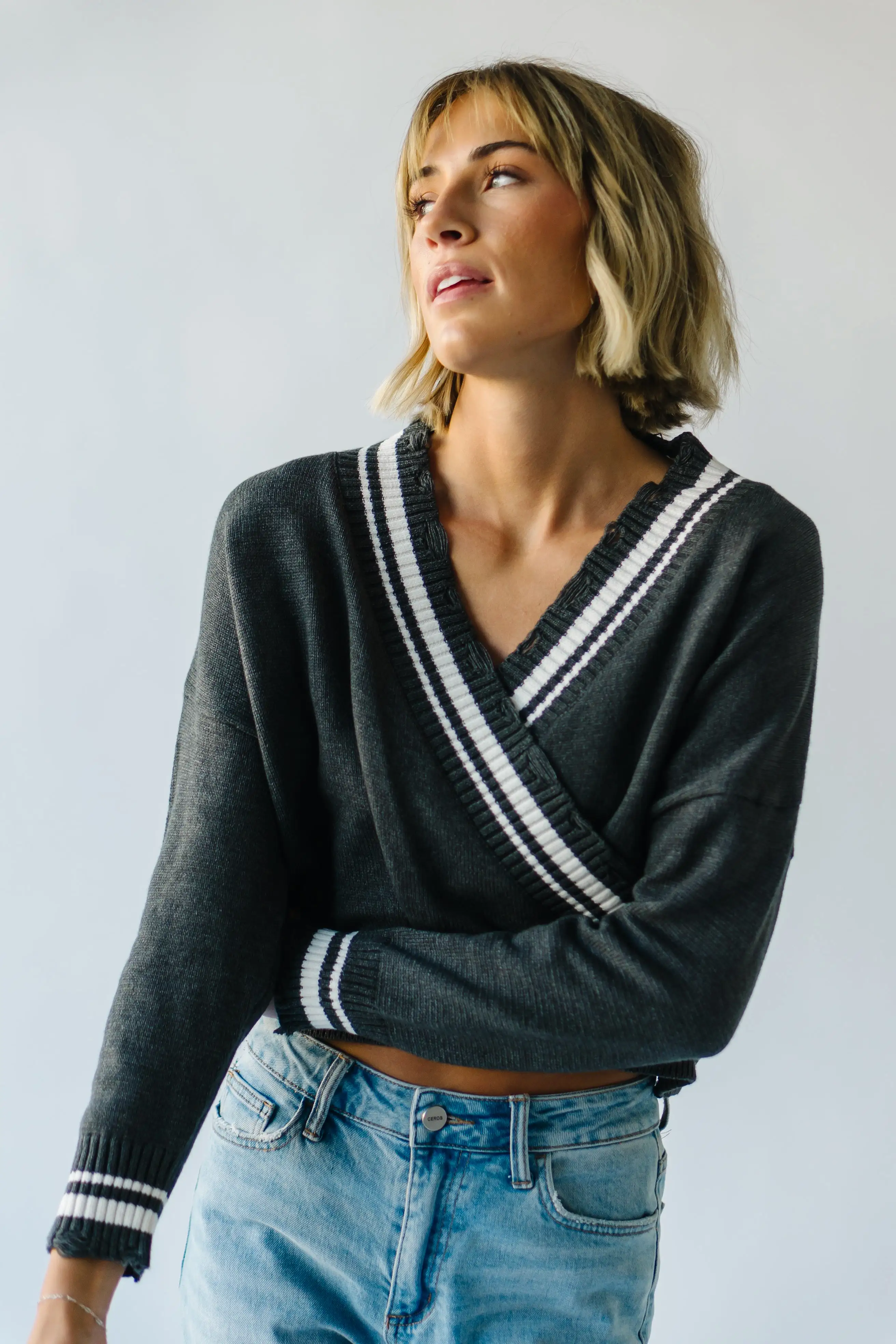 The Lindale Distressed Detail Sweater in Charcoal