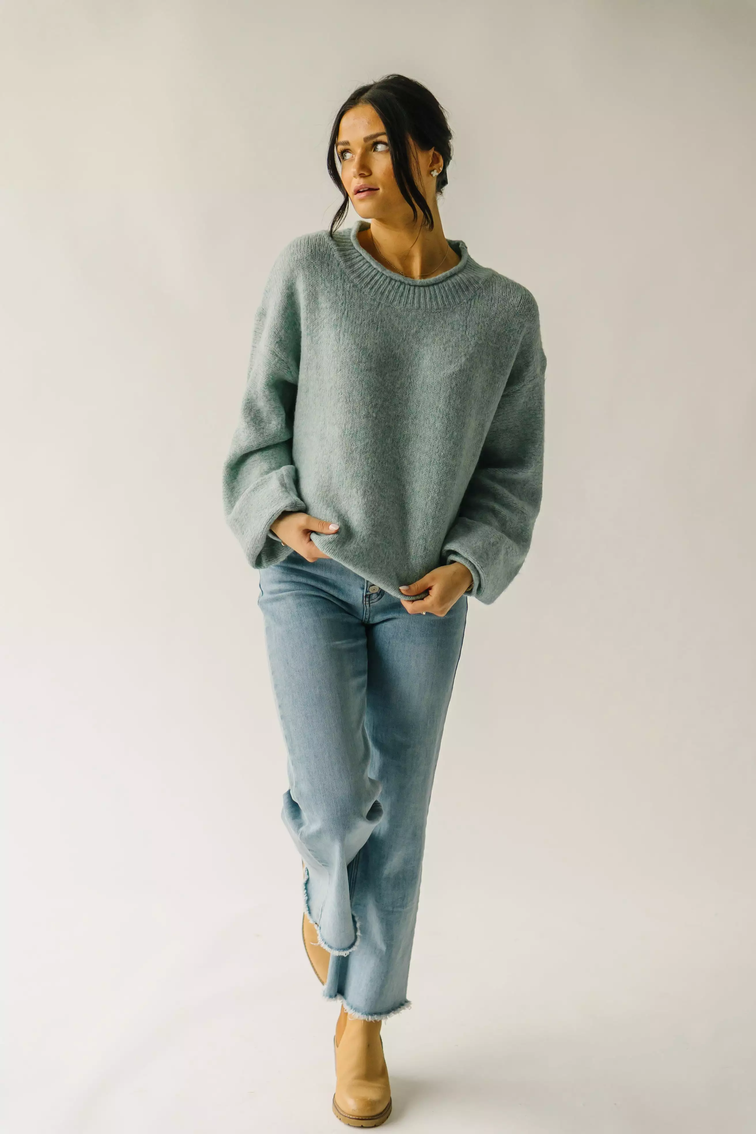 The Massey Rolled Hem Sweater in Jade