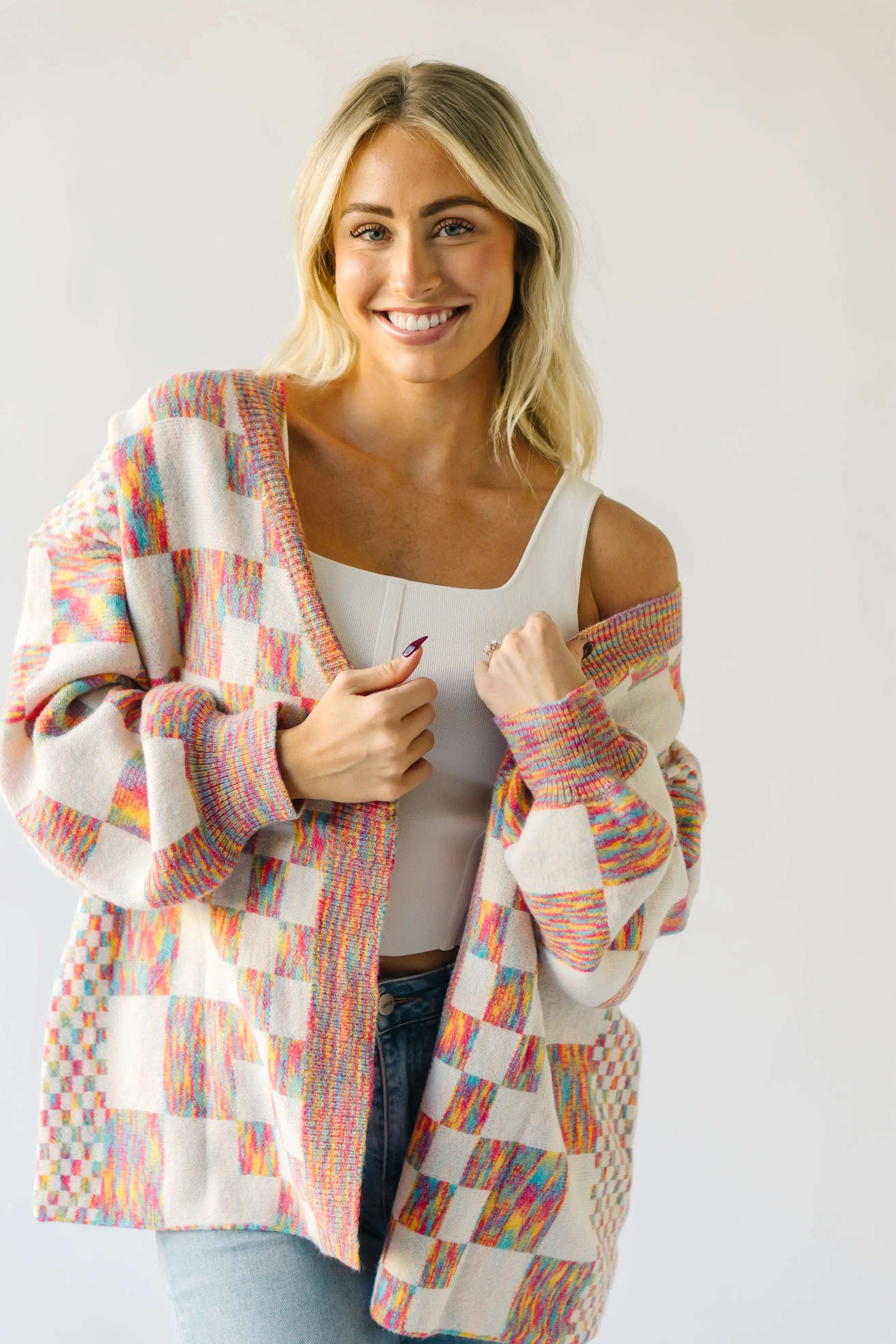 The Off the Wall Checkered Cardigan in Rainbow Multi