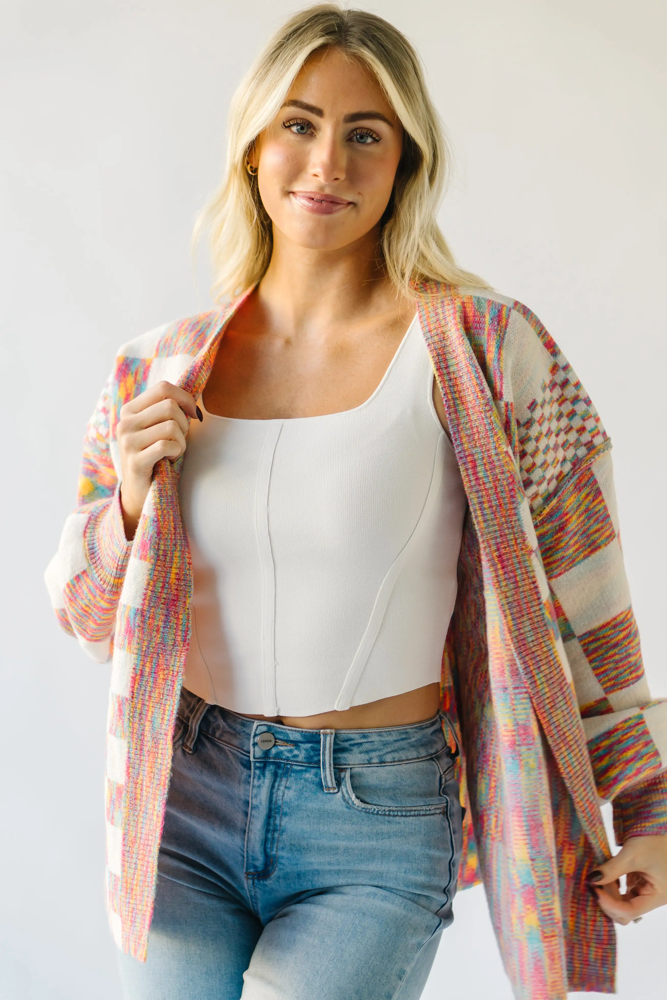 The Off the Wall Checkered Cardigan in Rainbow Multi