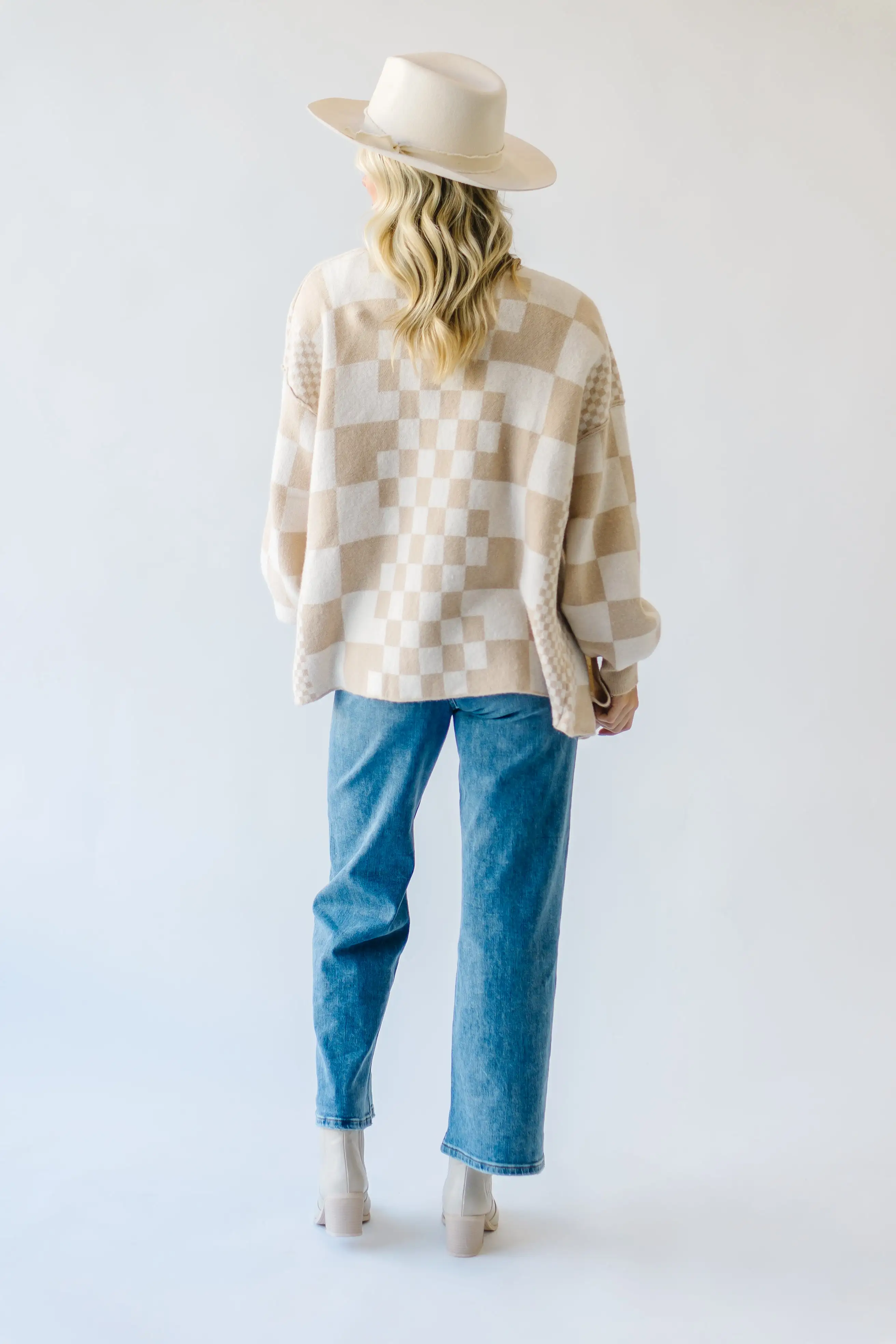 The Off the Wall Checkered Cardigan in Taupe