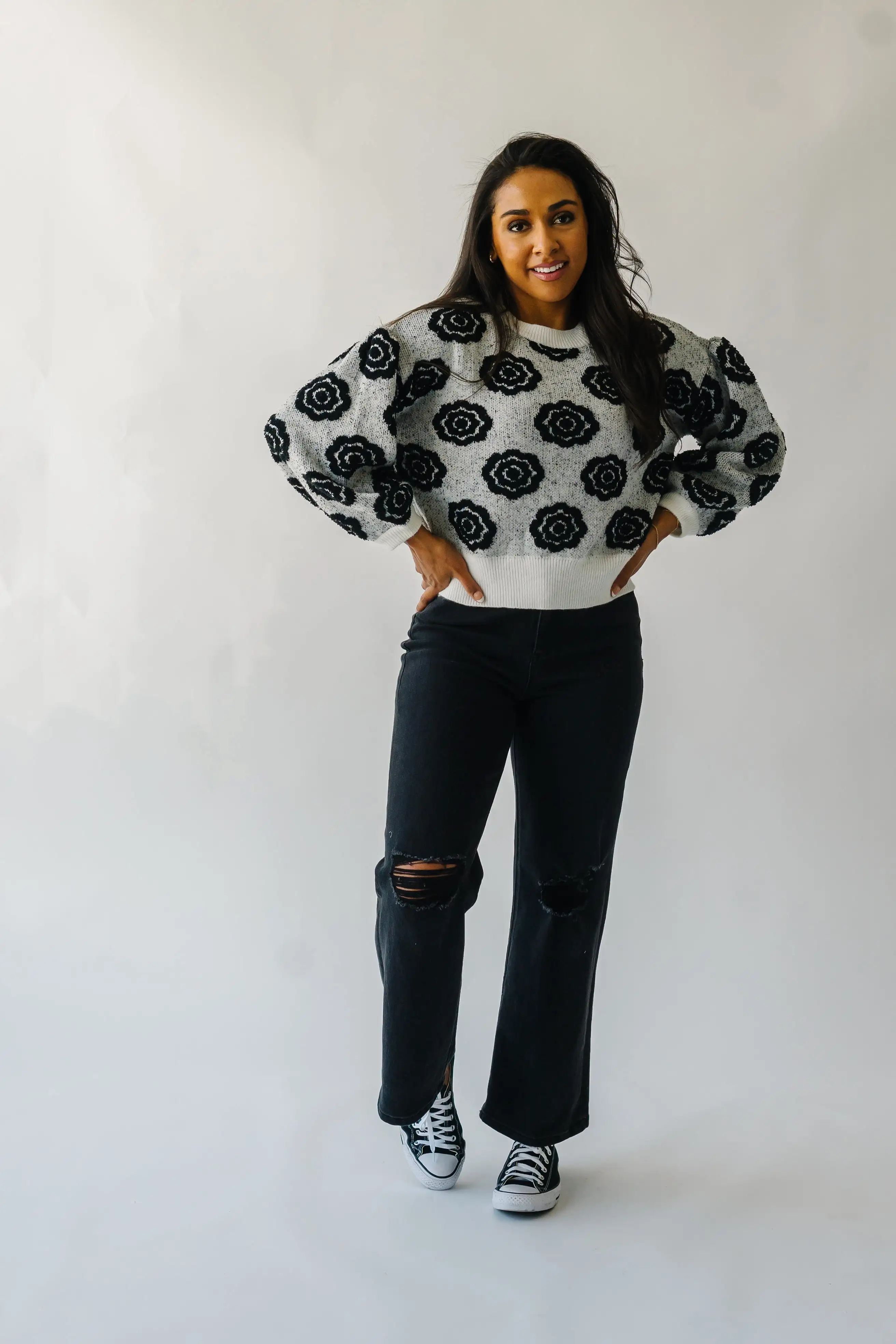 The Remsen Flower Patterned Sweater in White + Black