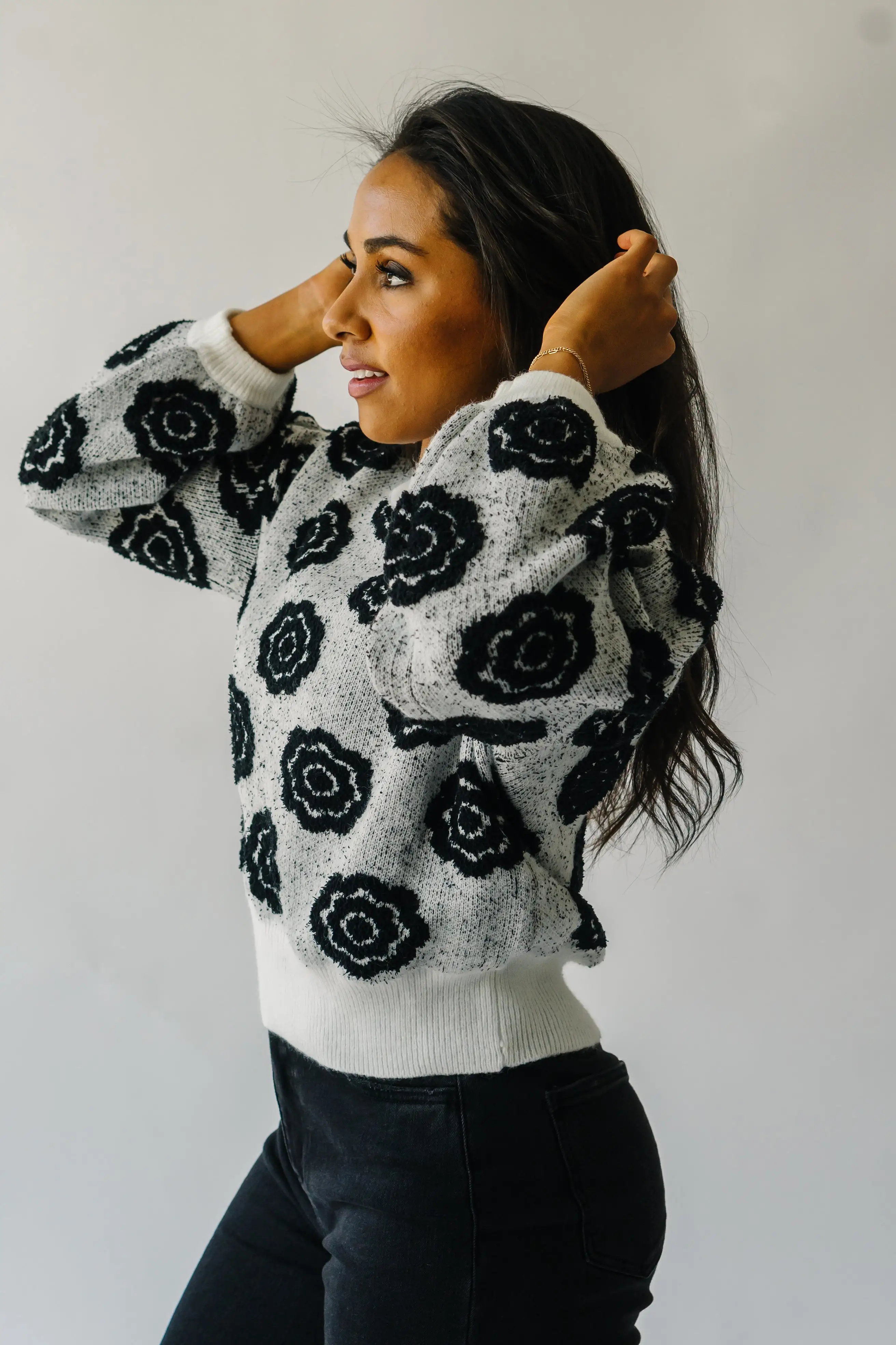 The Remsen Flower Patterned Sweater in White + Black