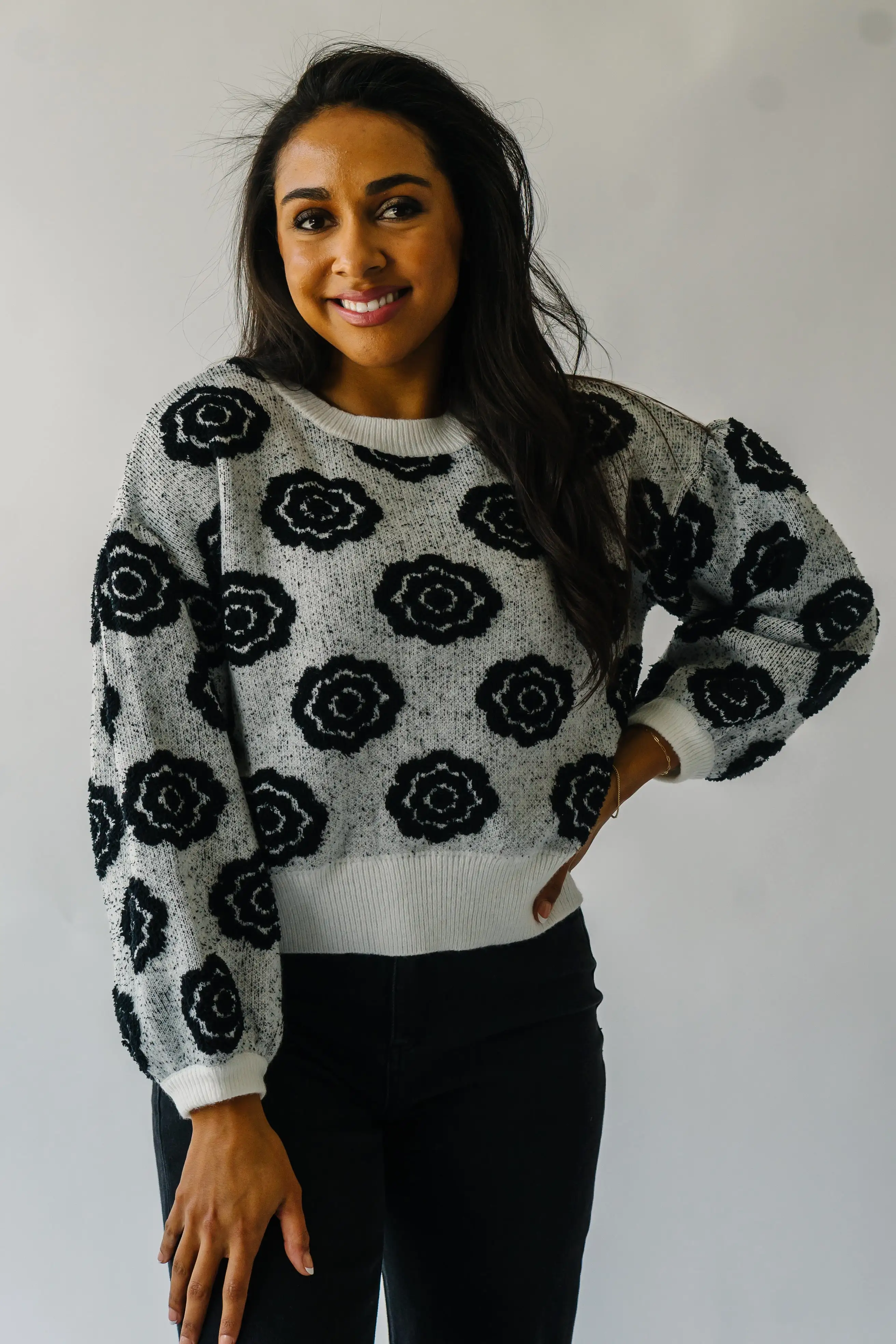 The Remsen Flower Patterned Sweater in White + Black