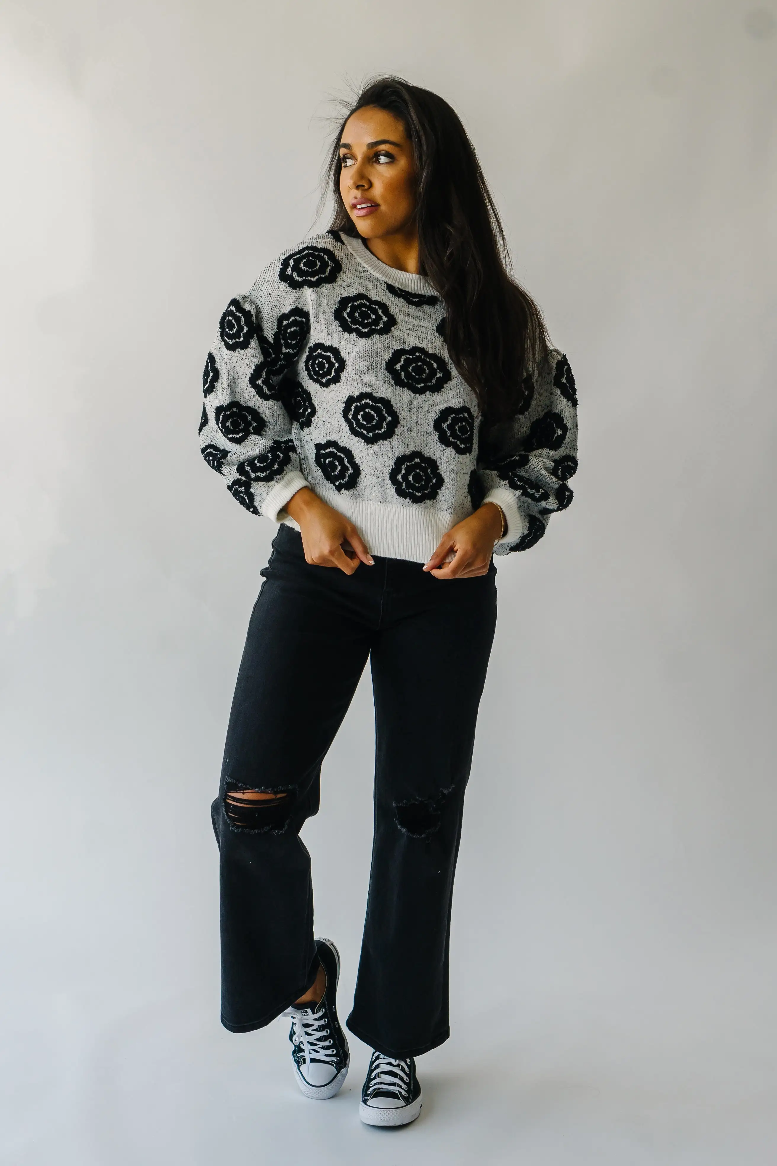 The Remsen Flower Patterned Sweater in White + Black