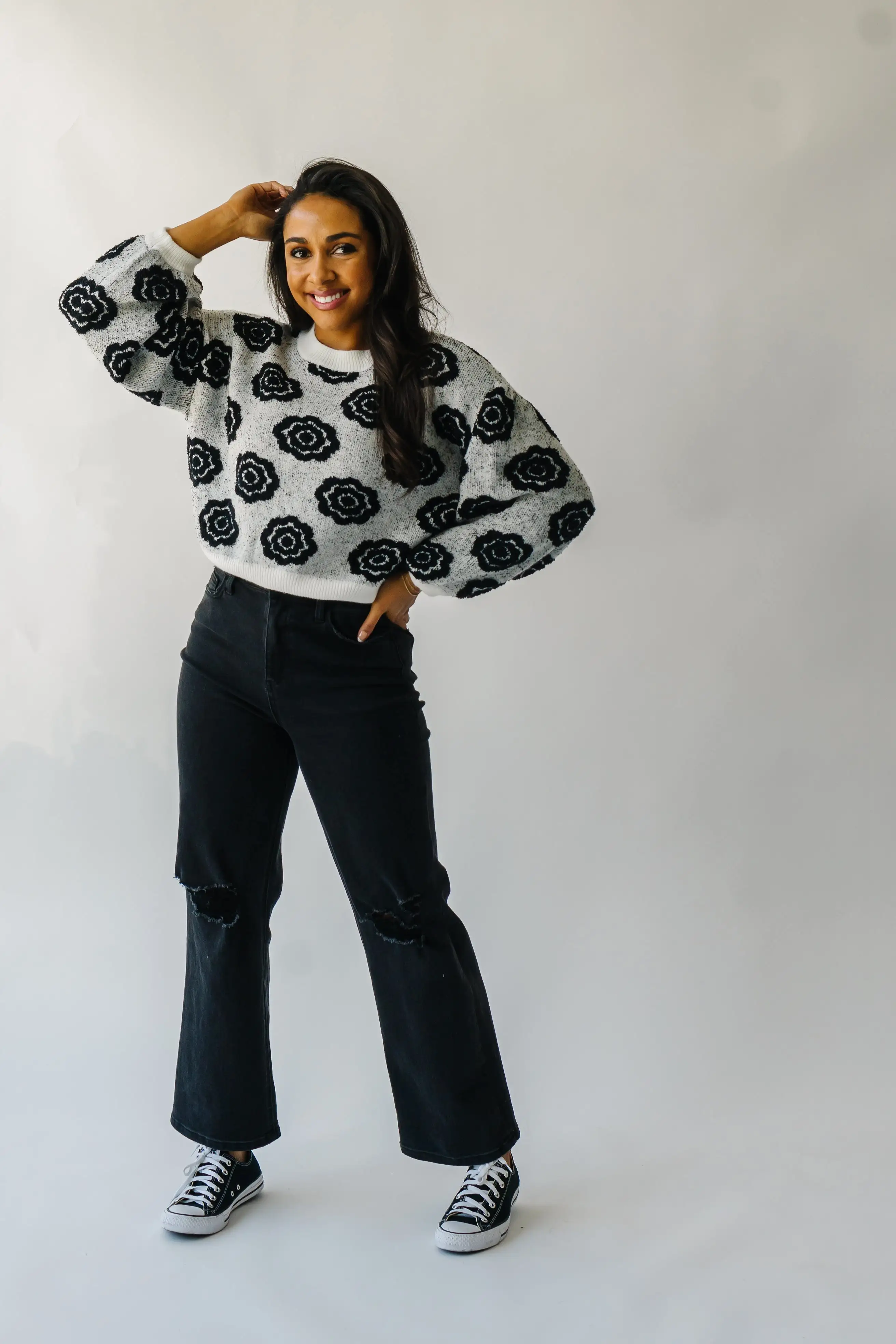 The Remsen Flower Patterned Sweater in White + Black