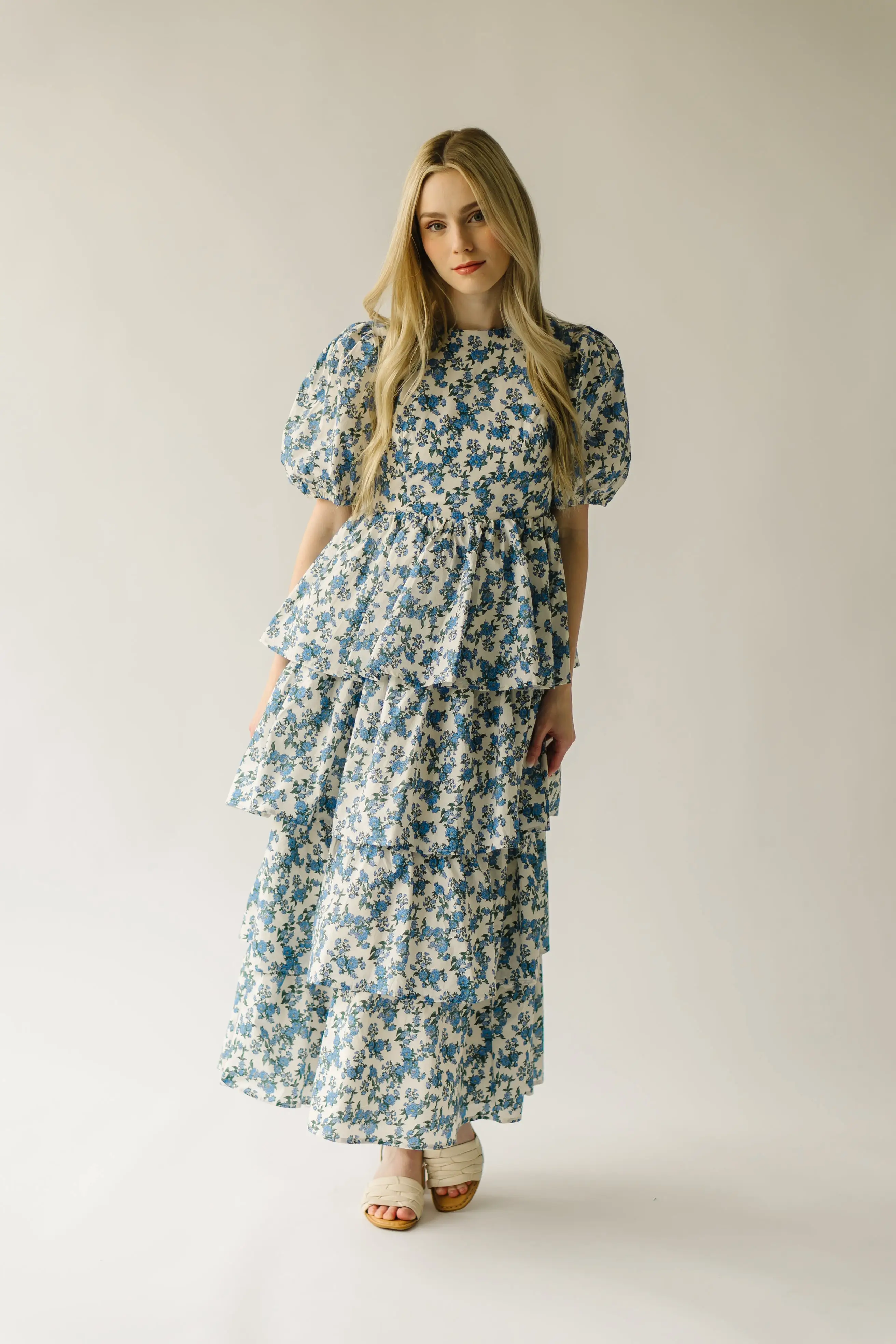 The Soulter Tiered Floral Midi Dress in Blue