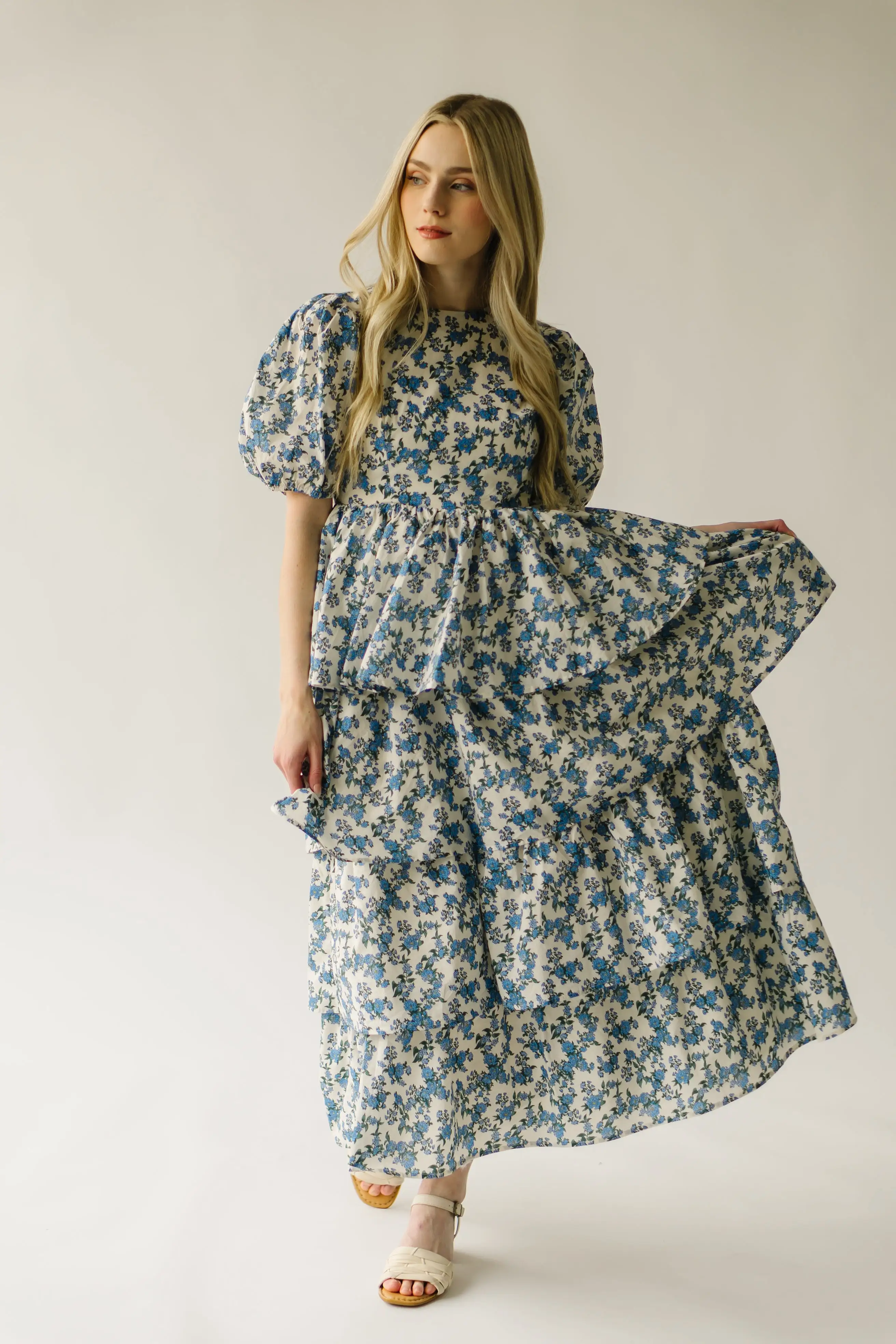 The Soulter Tiered Floral Midi Dress in Blue