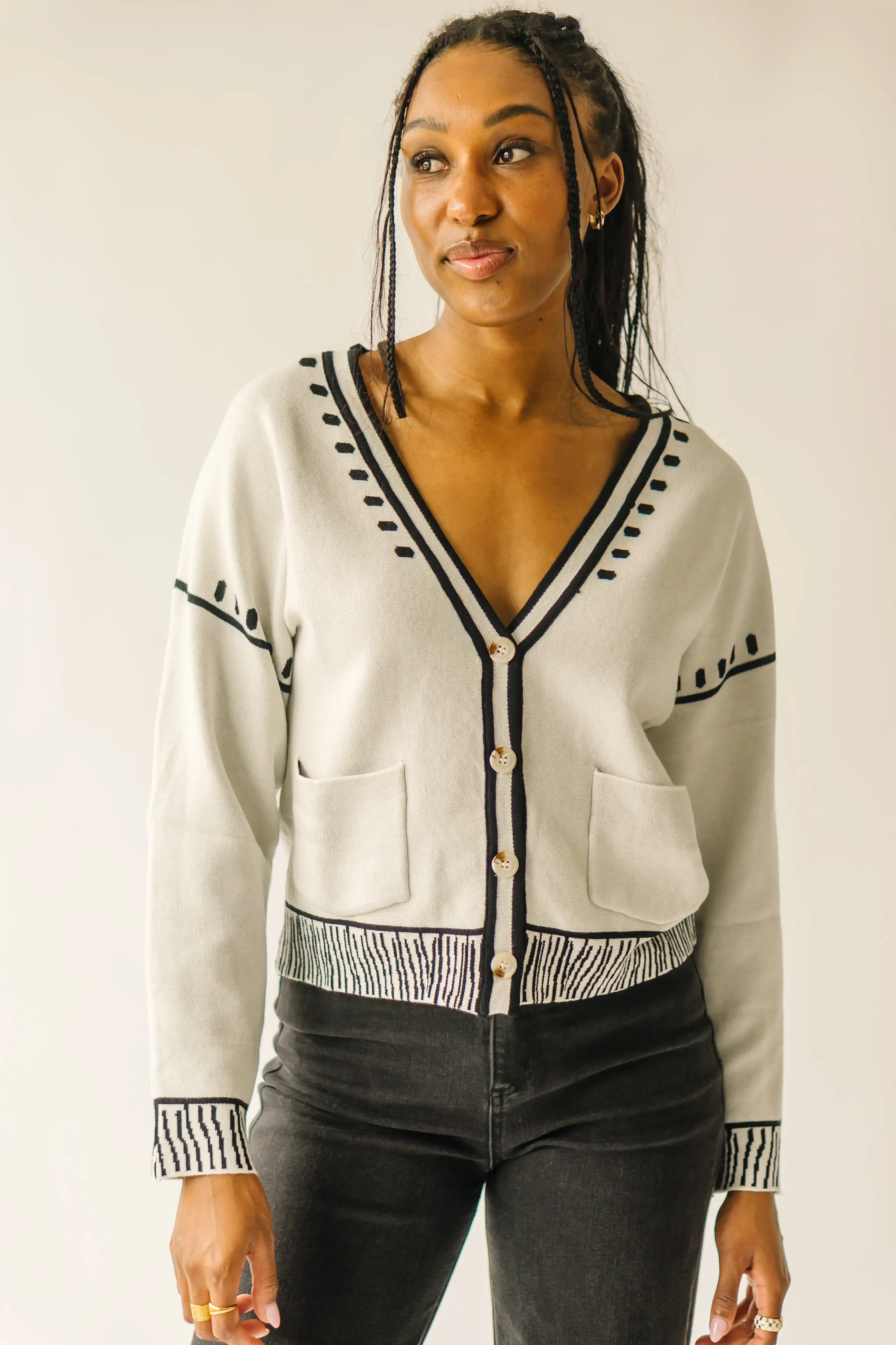 The Talon Patterned Button-Down Cardigan in Ivory