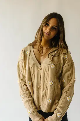 The Tammie Cable Knit Floral Cardigan in Taupe