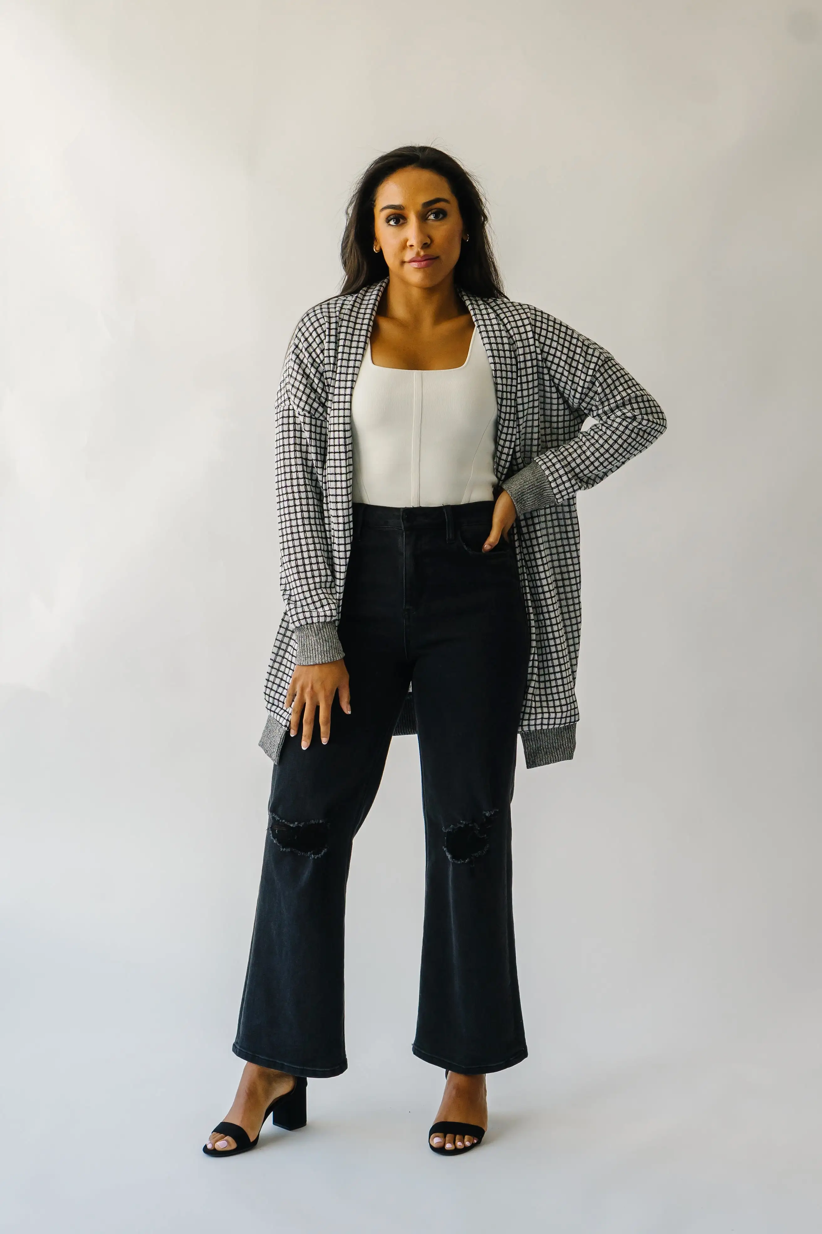 The Utica Checkered Cardigan in Black + White