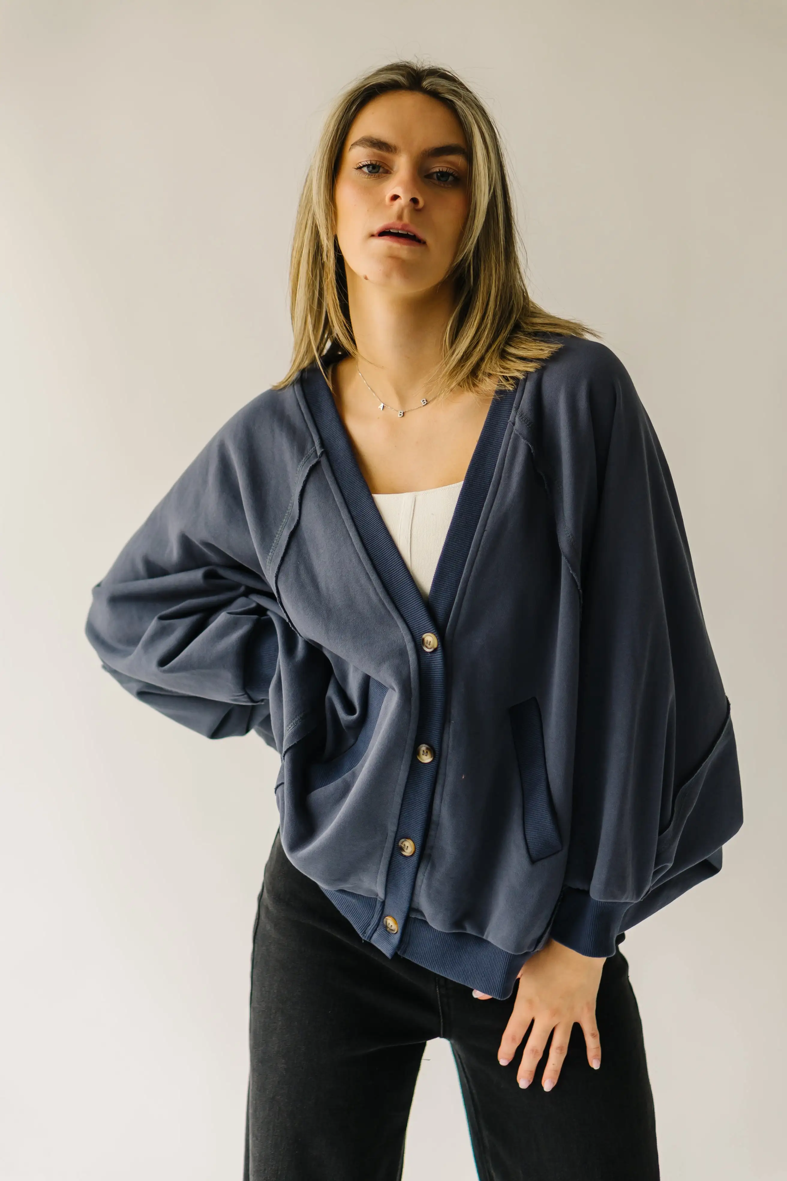 The Whitaker Button Detail Cardigan in Navy