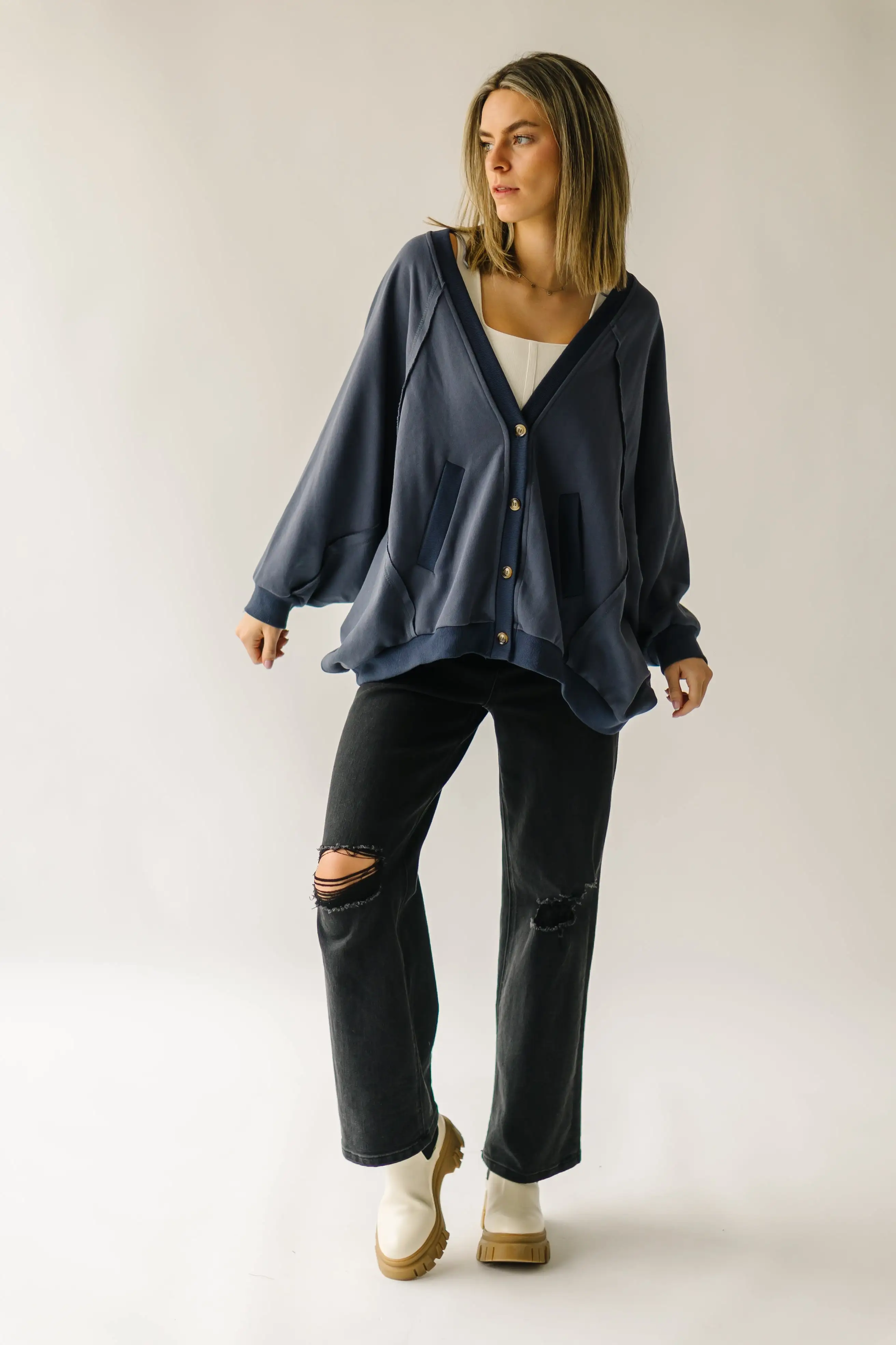 The Whitaker Button Detail Cardigan in Navy