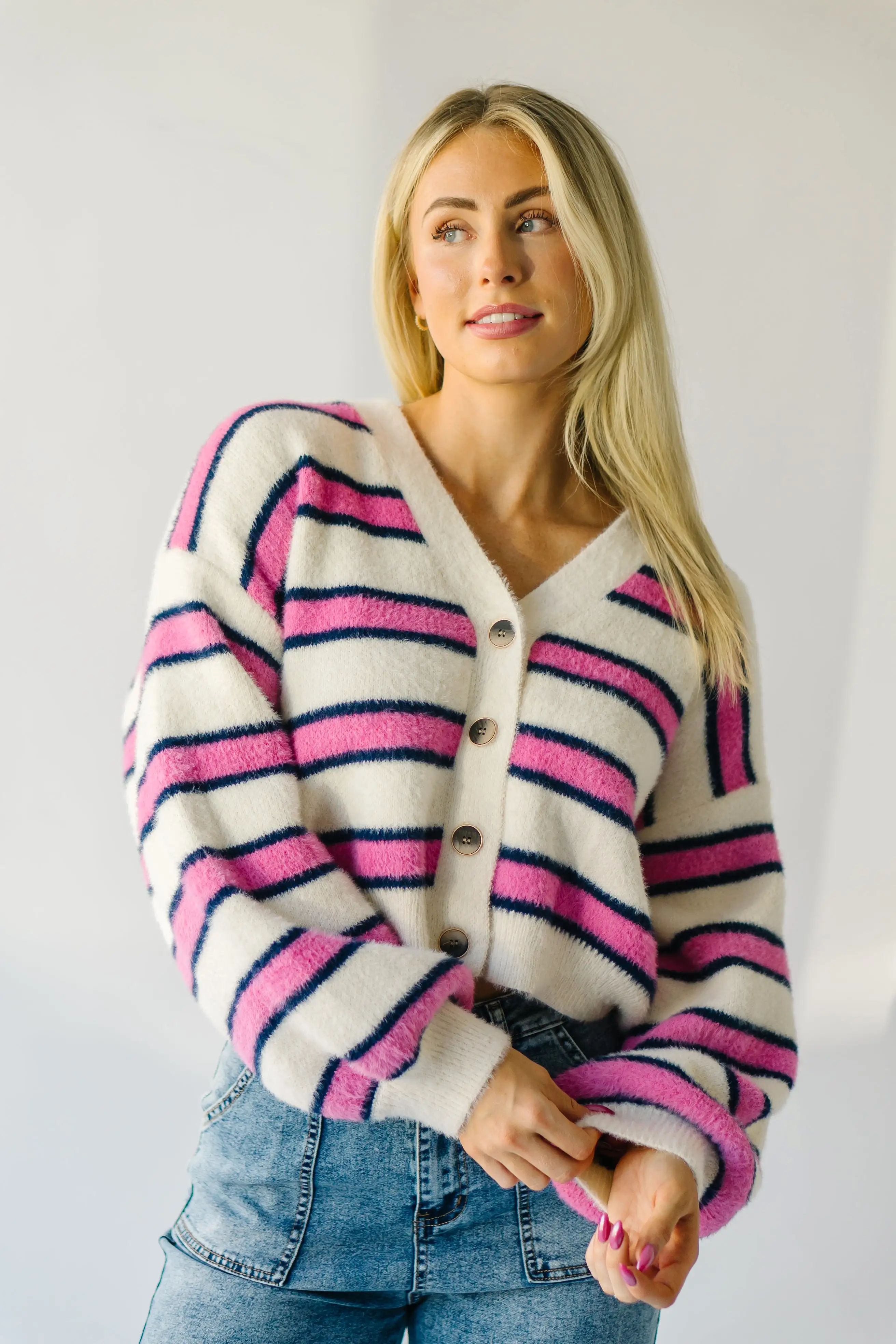 The Willmar Mohair Cardigan in Ivory + Pink Multi