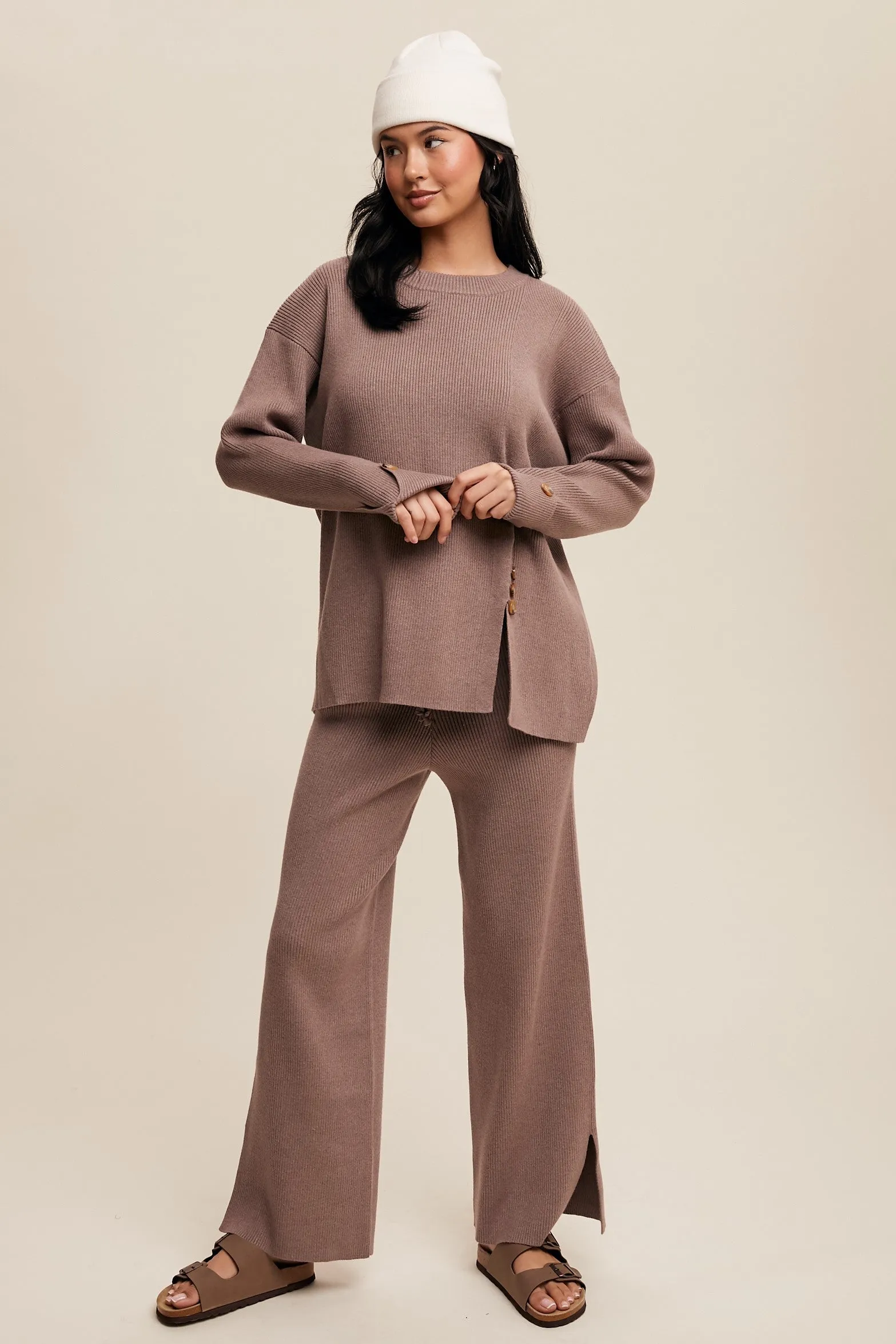 Theresa Side Button Detailed Knit Sweater and Pants Set in Mocha