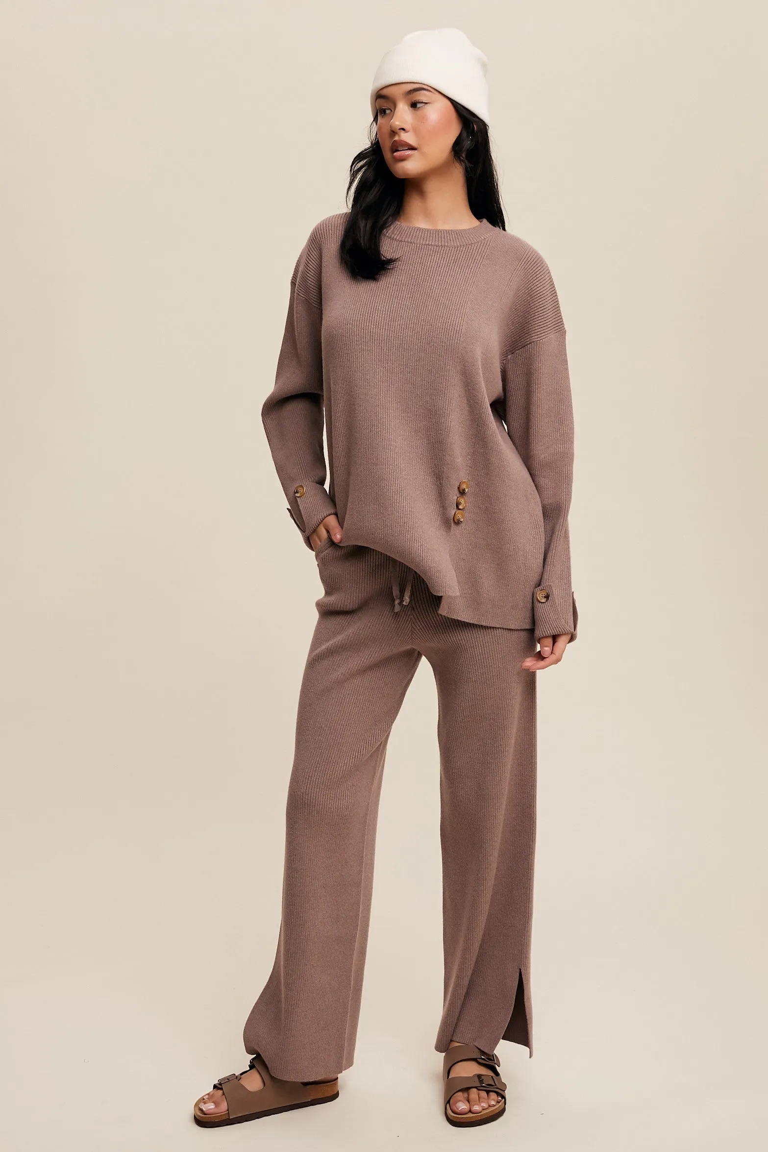 Theresa Side Button Detailed Knit Sweater and Pants Set in Mocha