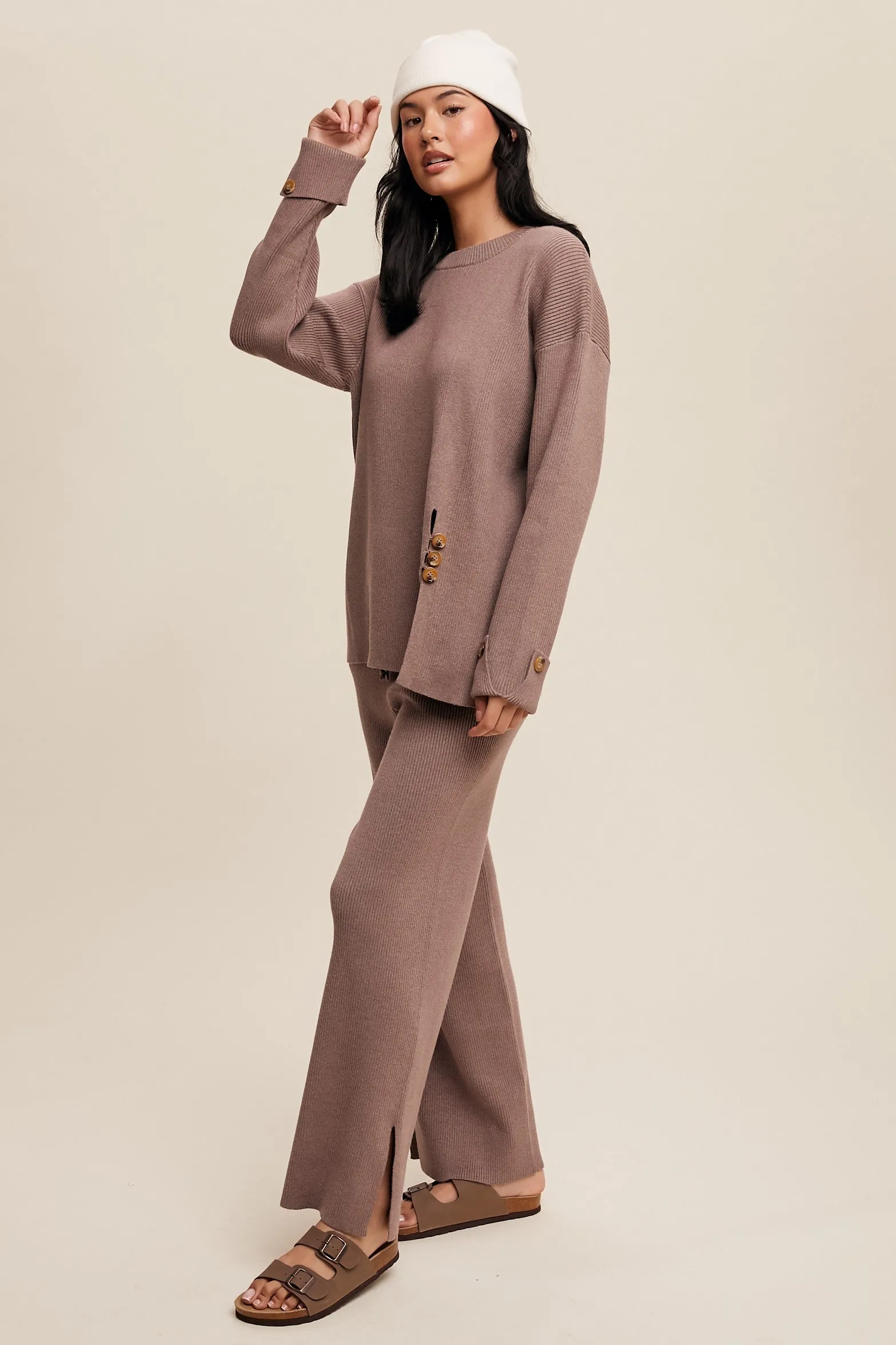 Theresa Side Button Detailed Knit Sweater and Pants Set in Mocha