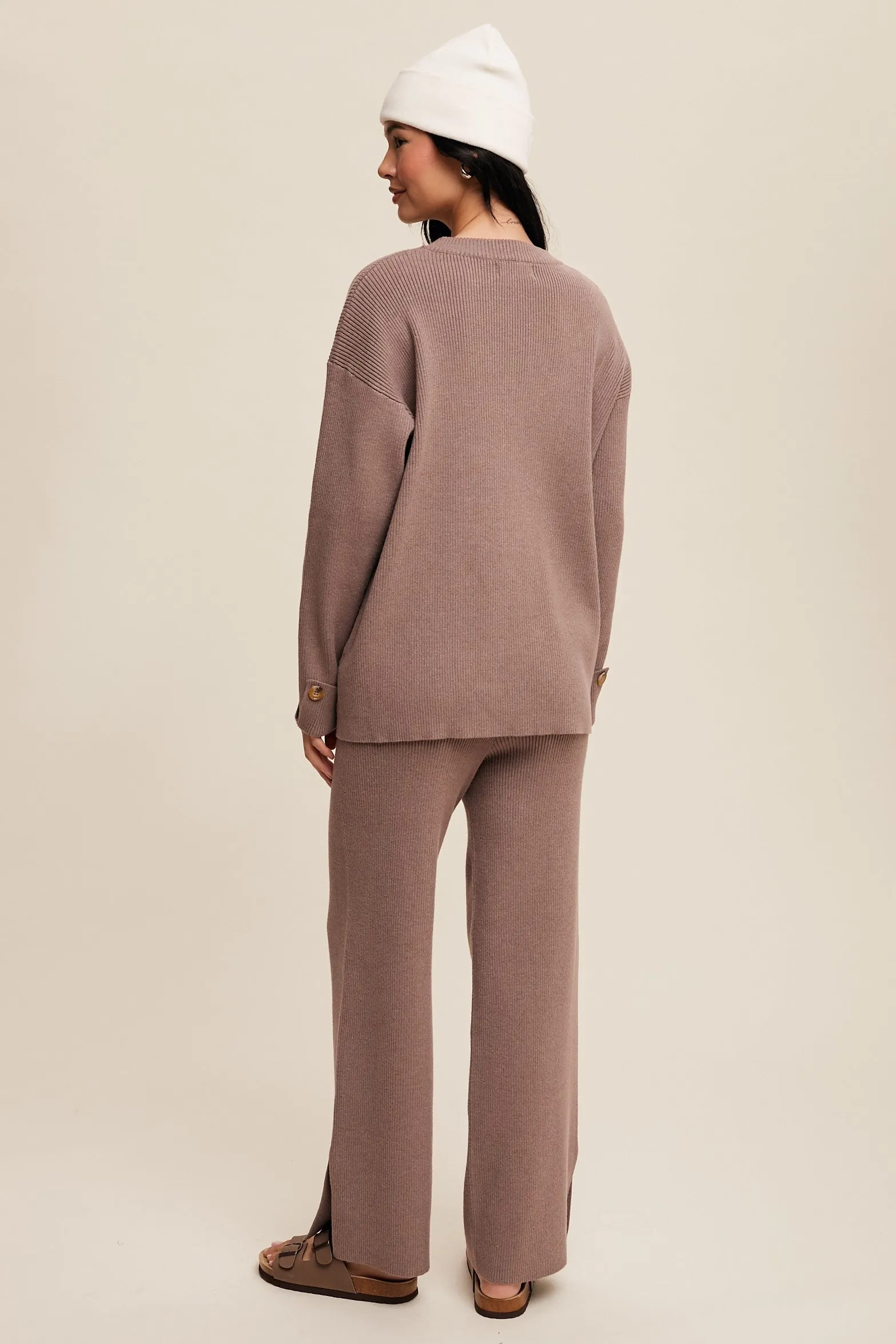 Theresa Side Button Detailed Knit Sweater and Pants Set in Mocha