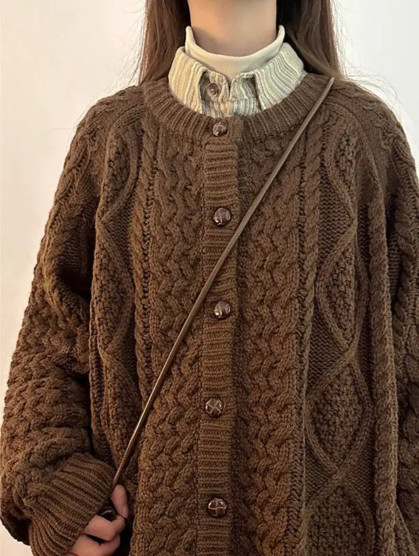 Vintage diamond twist round neck sweater autumn and winter loose cardigan BF lazy style jacket