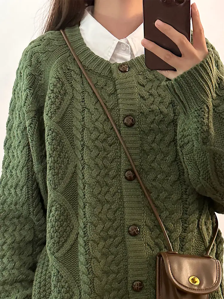 Vintage diamond twist round neck sweater autumn and winter loose cardigan BF lazy style jacket