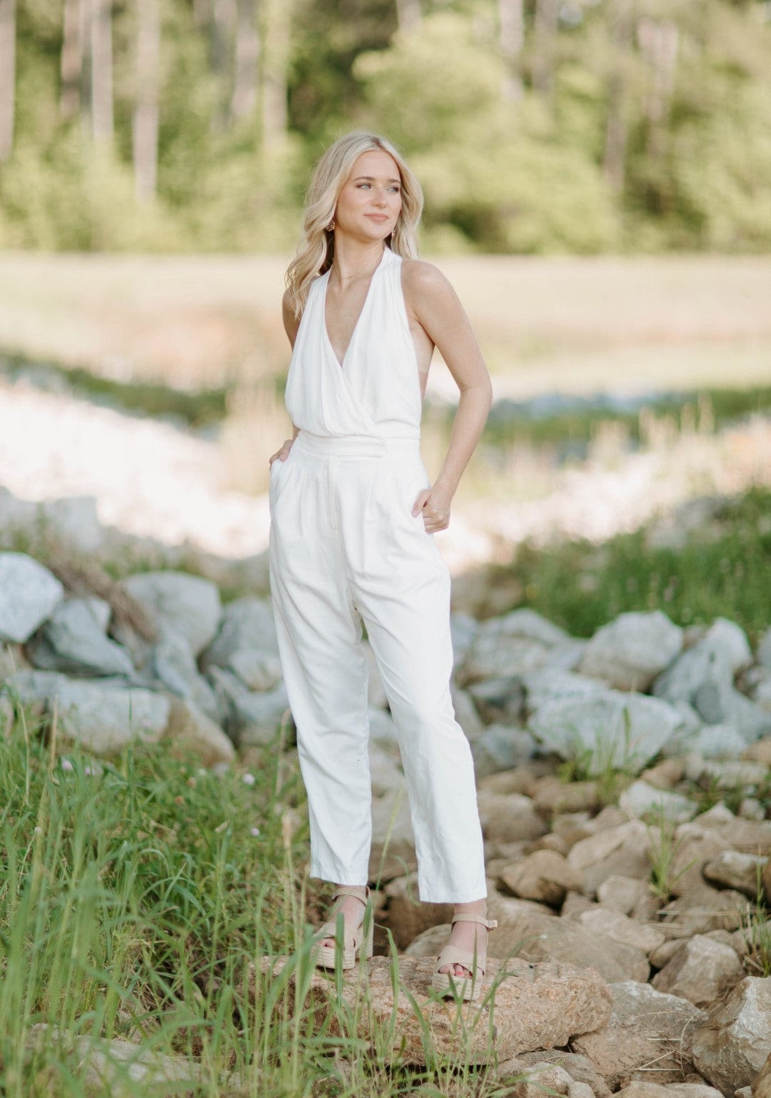 White Halter Open Back Jumpsuit