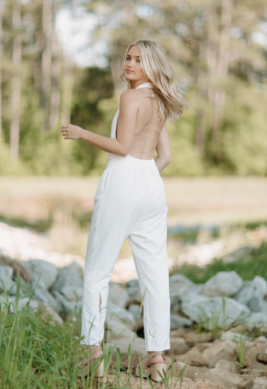 White Halter Open Back Jumpsuit