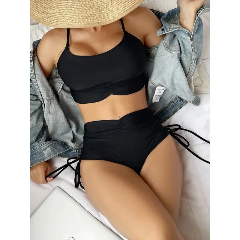 Women's Summer Sexy Solid High Waist Padded Two Piece Swimsuit