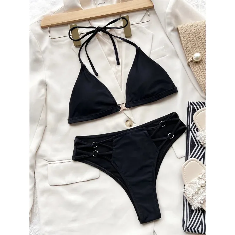 Women's Summer Solid Black Sexy Hollow Out High-Waisted Bikini Set