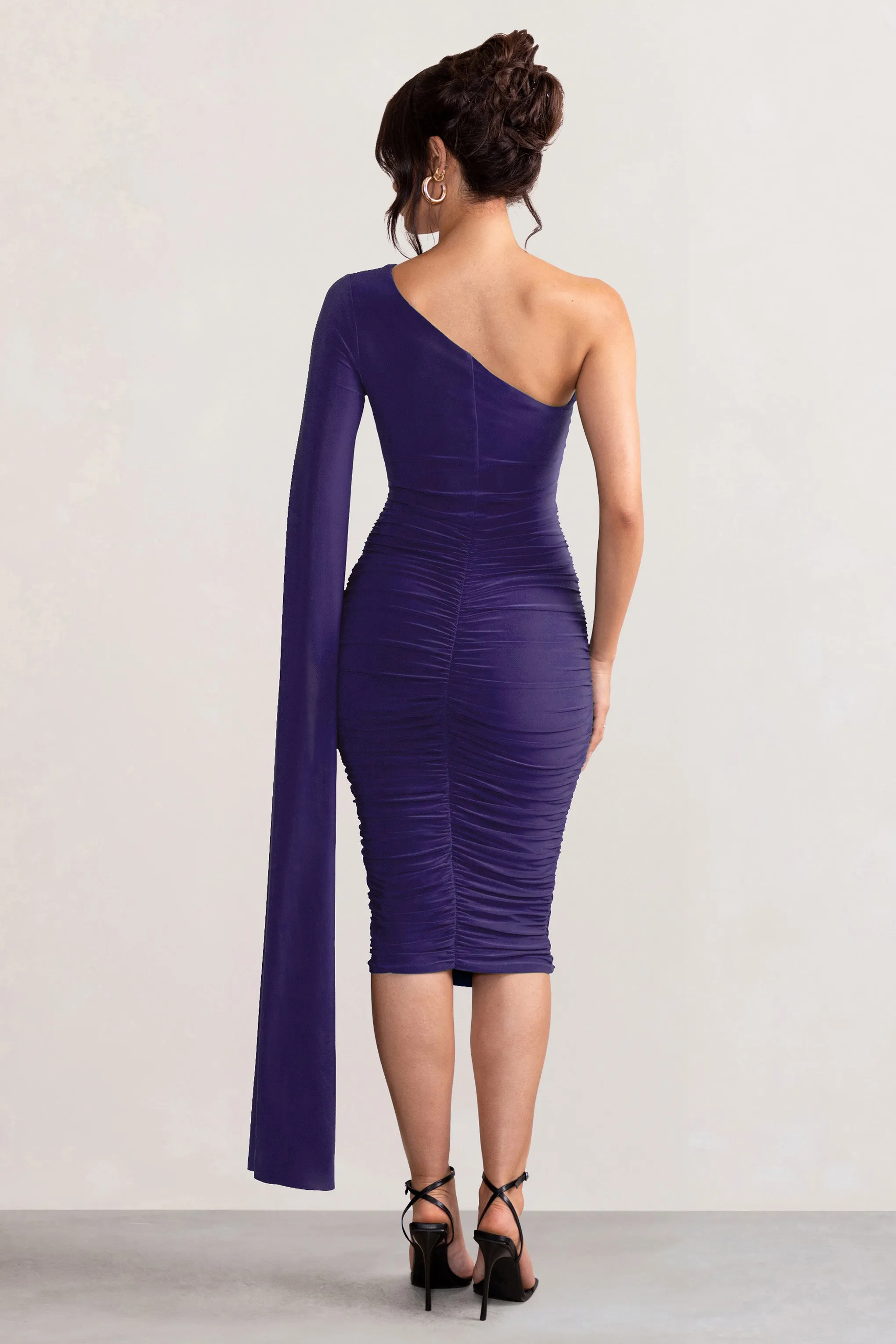 Yara | Purple One Shoulder Cape Ruched Midi Dress