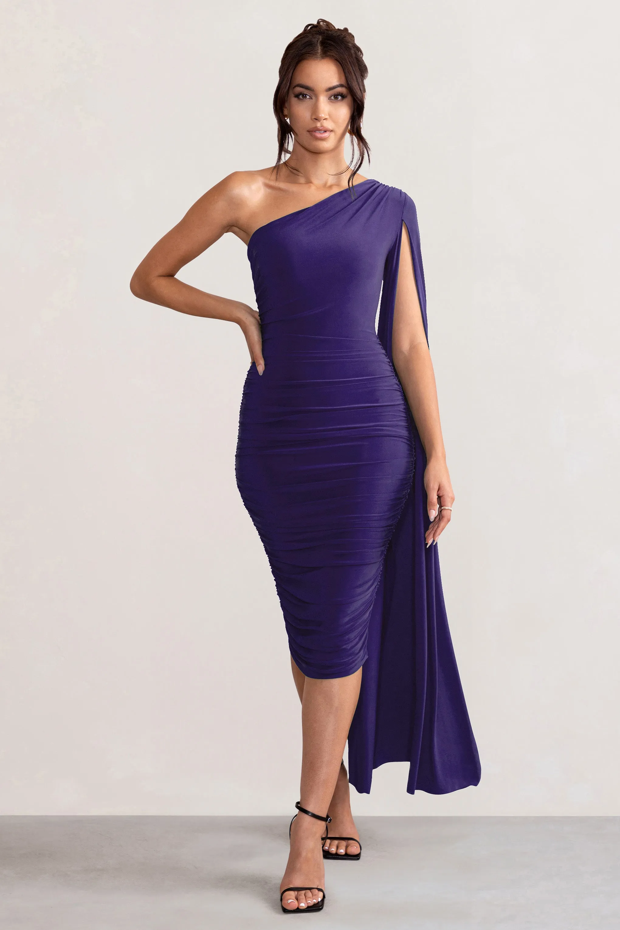 Yara | Purple One Shoulder Cape Ruched Midi Dress