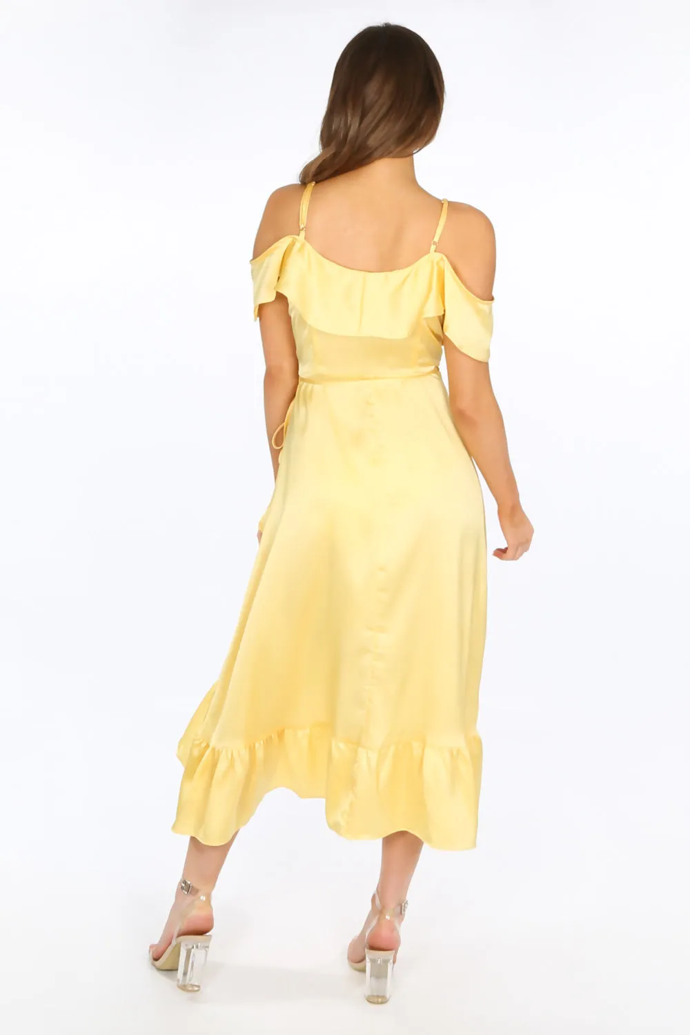 Yellow Cold Shoulder Satin Midi Wrap Dress