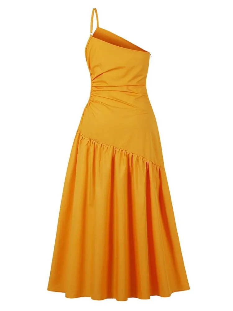 Yellow Spaghetti Strap One Shoulder Pleated Summer Long Cut Out Side Beach Outfits Midi Dress